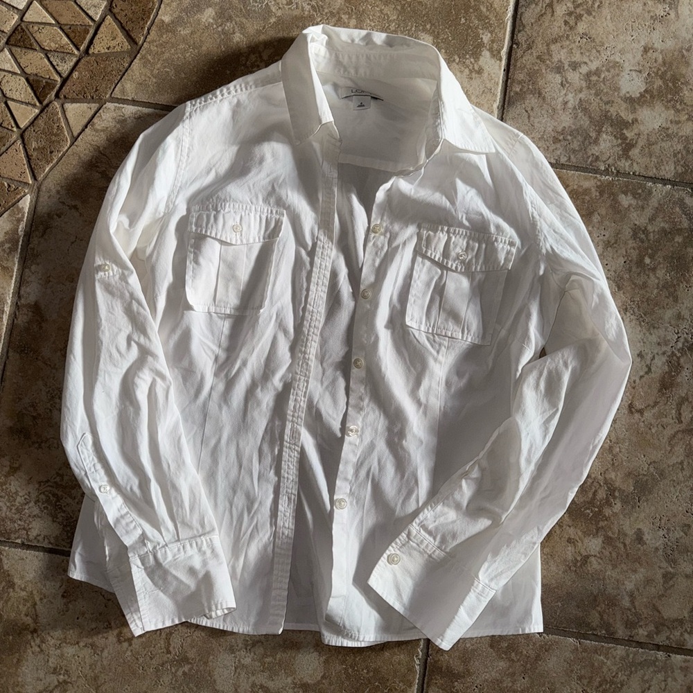Ann Taylor LOFT 100% Cotton White Button Up Overshirt Cardigan w/ Front Pockets
